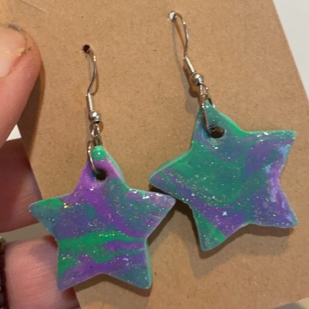 Purple and Green Clay Star Earrings